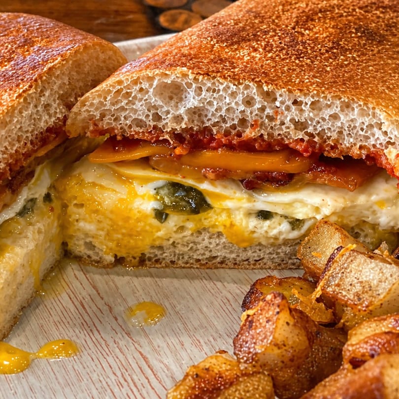 A cross-section of a breakfast sandwich with egg, cheese, and bacon, served with roasted potatoes.