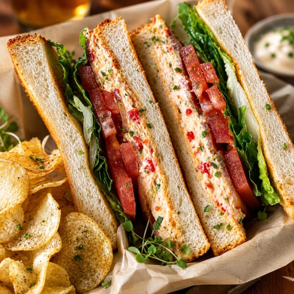 Two halves of a sandwich with creamy filling, tomatoes, and lettuce, served with potato chips.