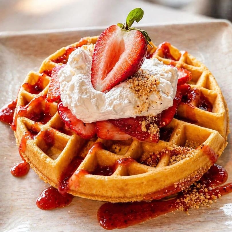 Golden waffle topped with whipped cream, fresh strawberries, strawberry sauce, and crushed nuts.