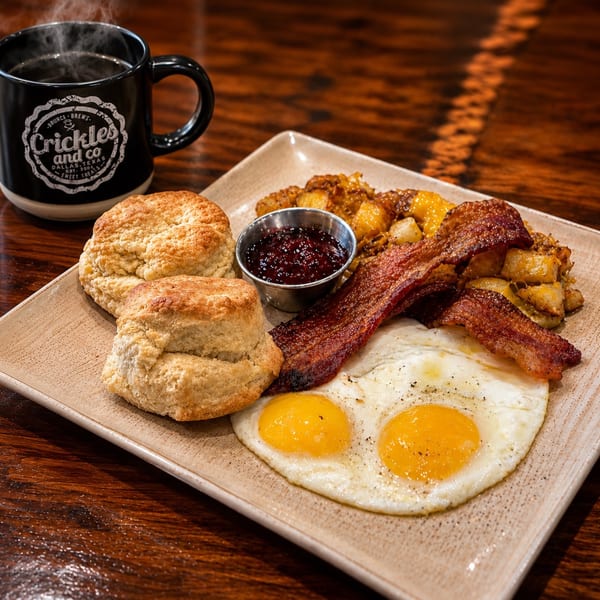 A breakfast plate with bacon, fried eggs, biscuits, home fries, and jam, with a steaming coffee mug.
