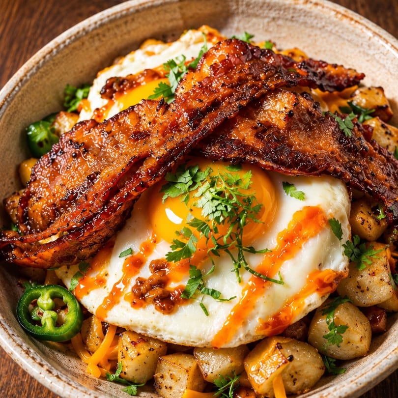 Breakfast bowl with crispy bacon, fried eggs, roasted potatoes, cheese, and sliced jalapeños.